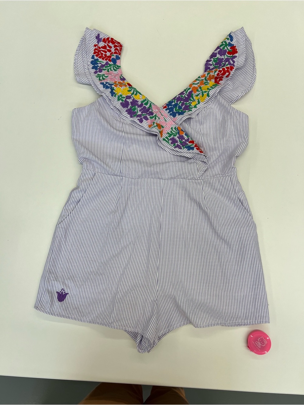 JMarie Seersucker Romper with Colorful Embroidered Floral Ruffle Neckline - Picture 8 of 8